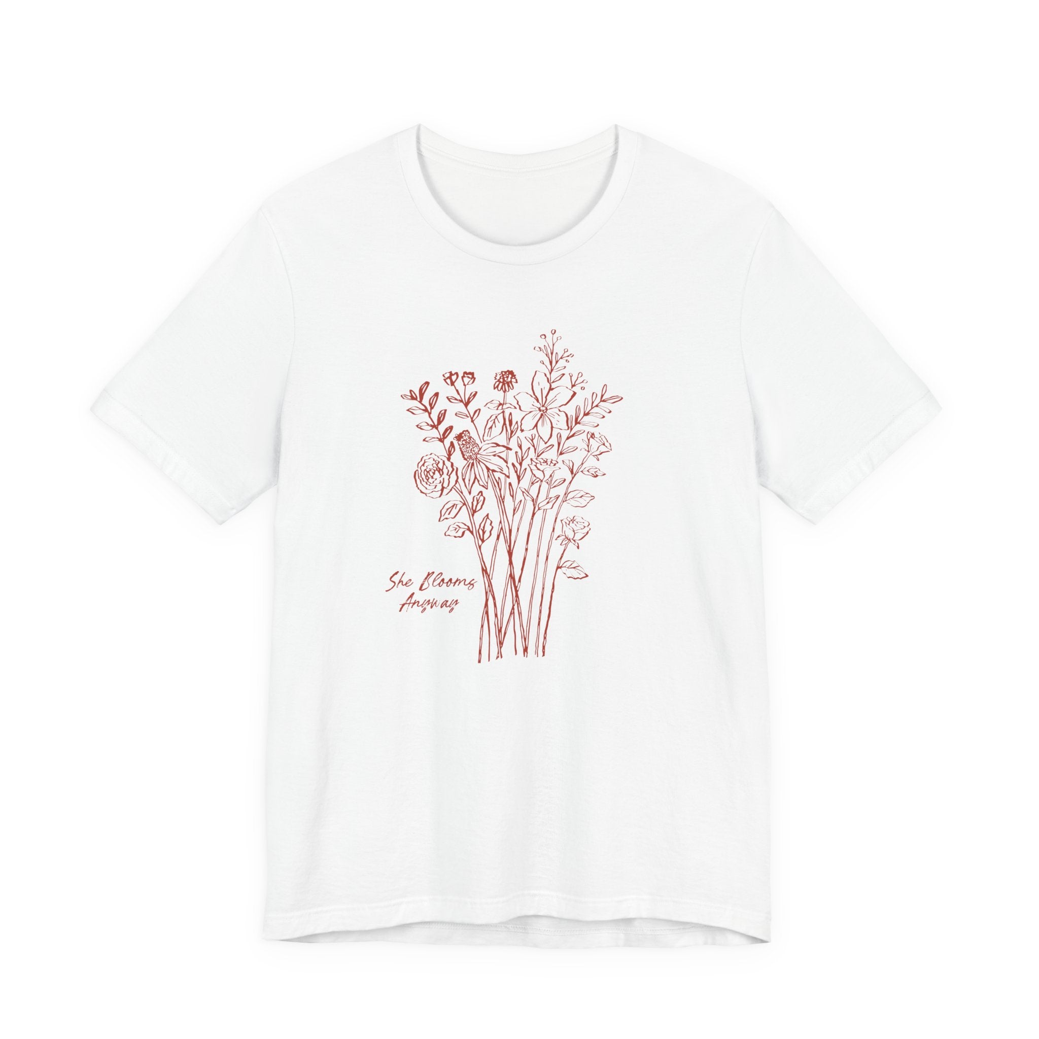 White t-shirt with red floral design and text on a white background