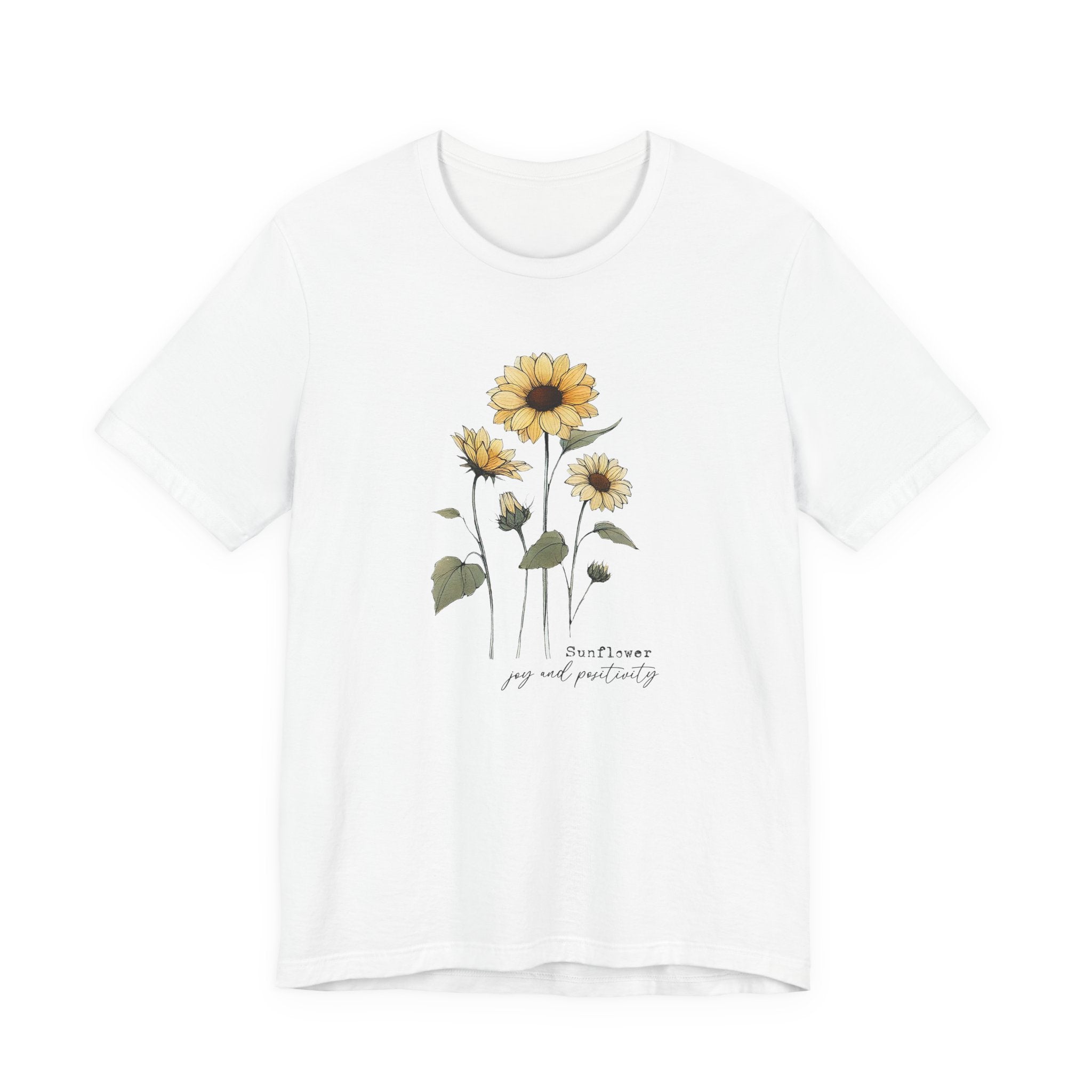 White t-shirt with sunflower design and text on a white background