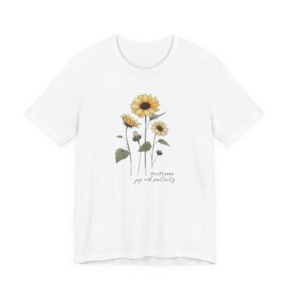 White t-shirt with sunflower design and text on a white background