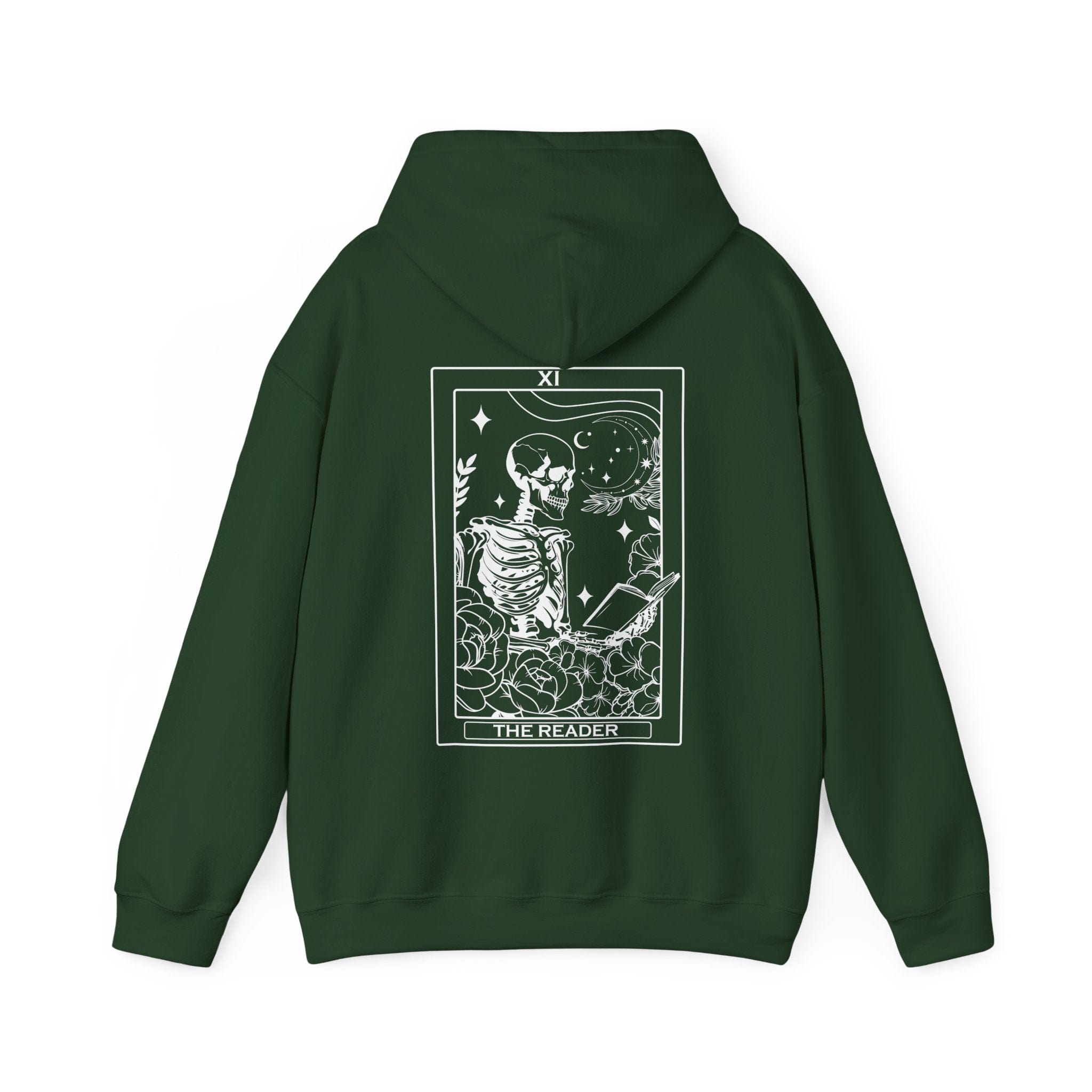 Green hoodie with a skeleton design on the back against a white background