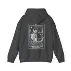 Dark gray hoodie with a skeleton design on the back on a white background