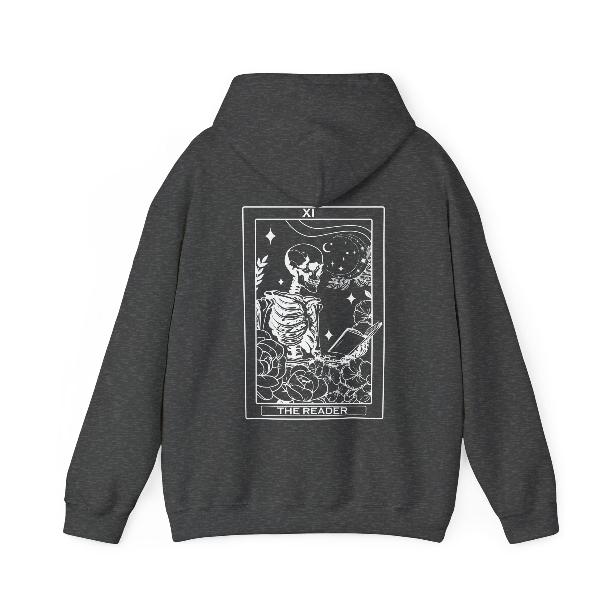 Dark gray hoodie with a skeleton design on the back on a white background