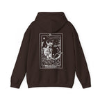 Brown hoodie with a tarot card design on the back against a white background