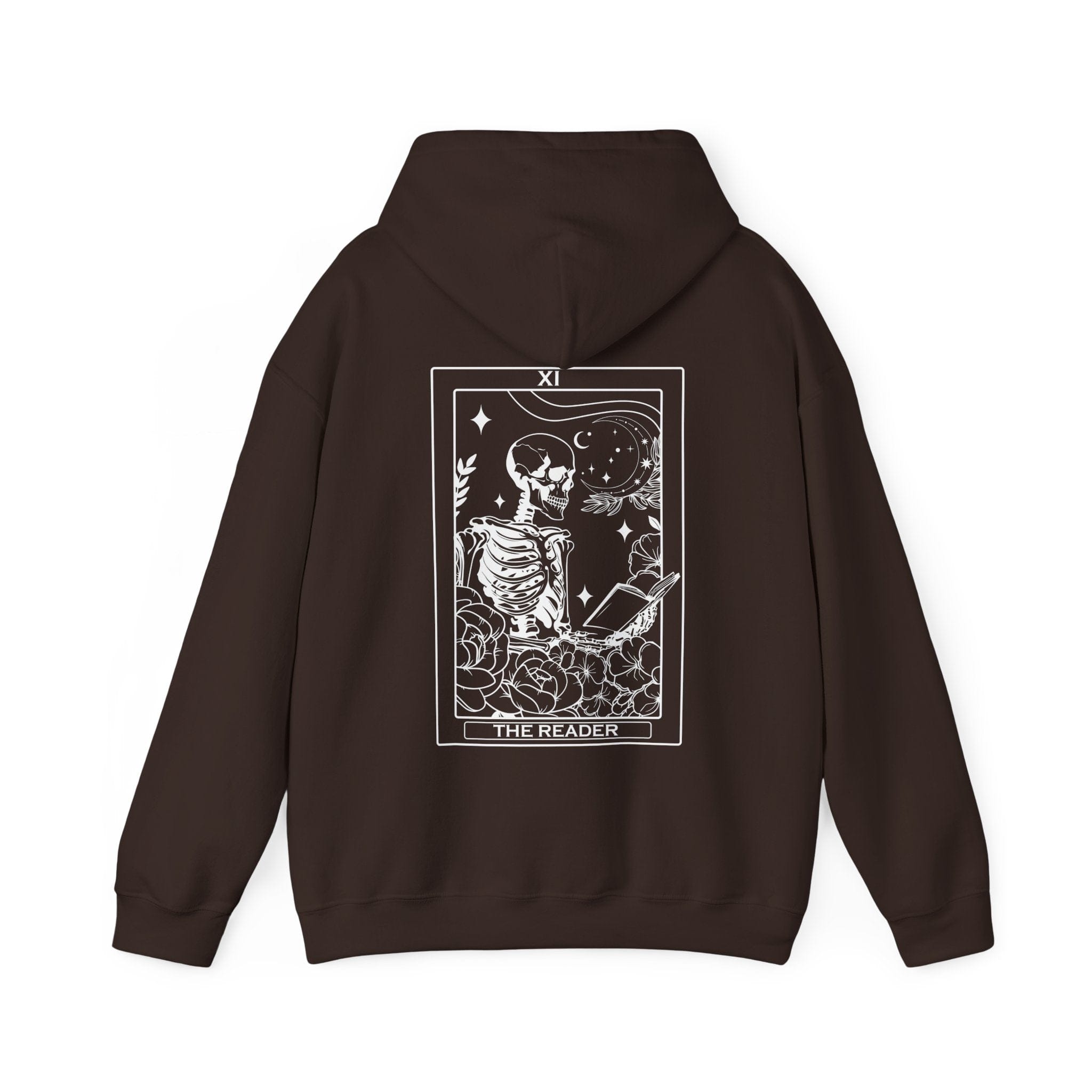 Brown hoodie with a tarot card design on the back against a white background
