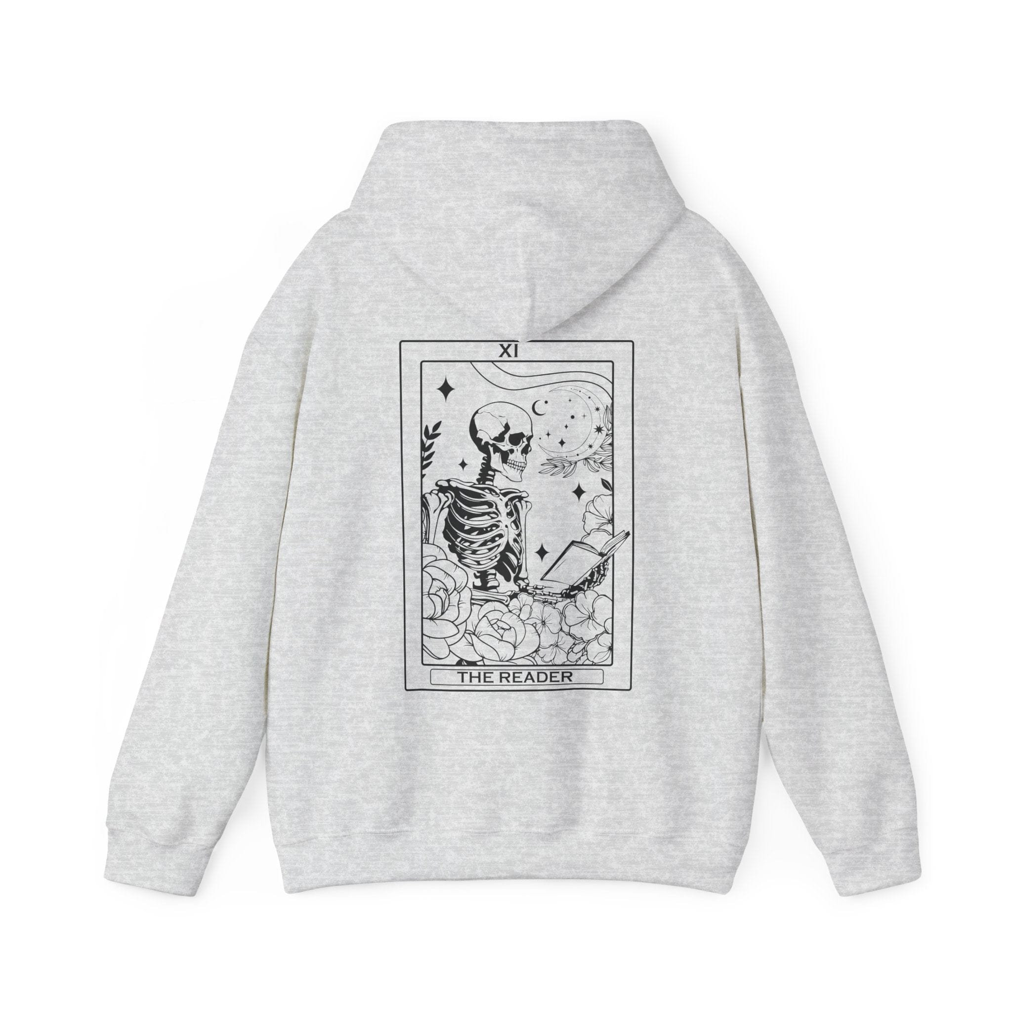 Gray hoodie with a skeleton tarot card design on the back against a white background