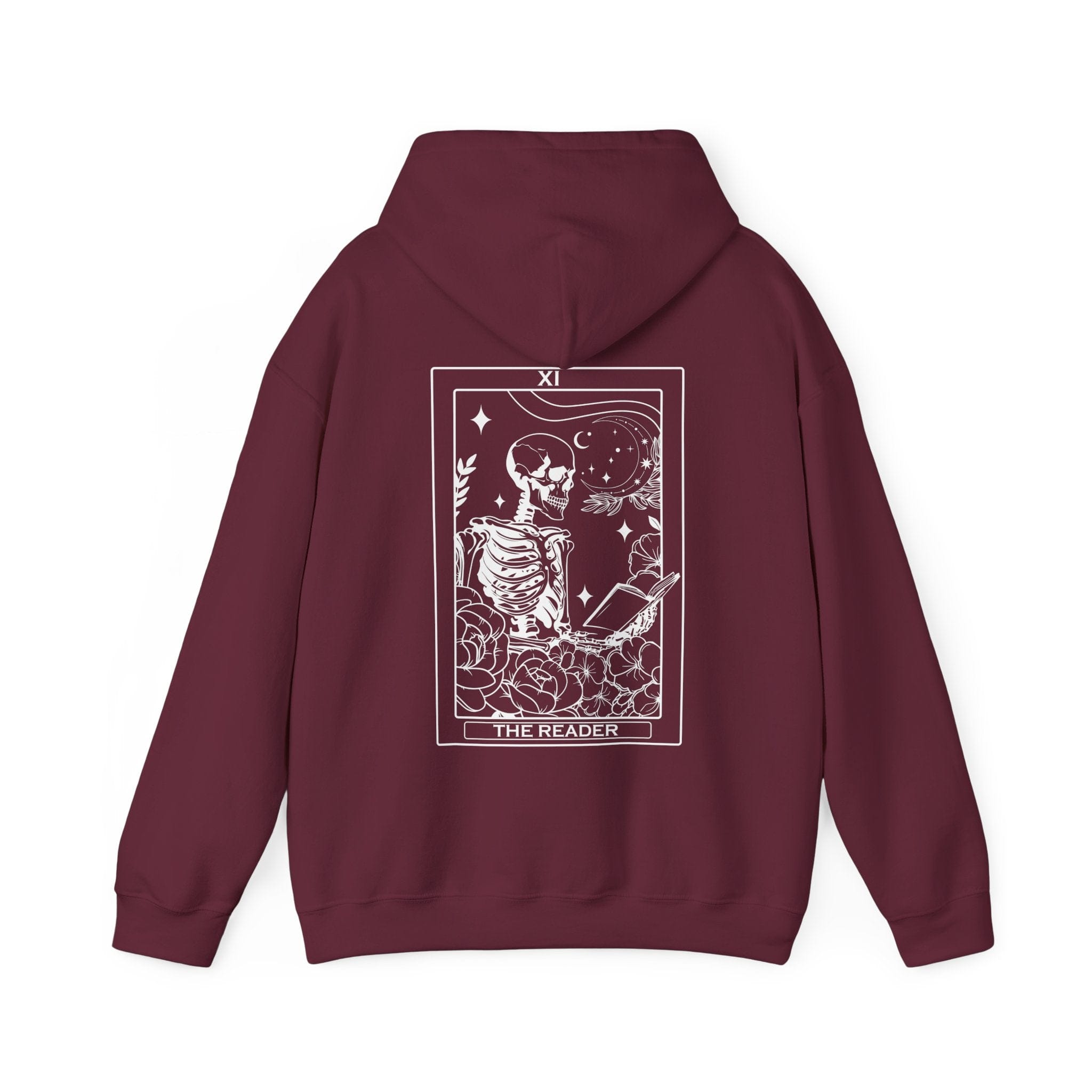 Maroon hoodie with a white graphic design on the back against a white background