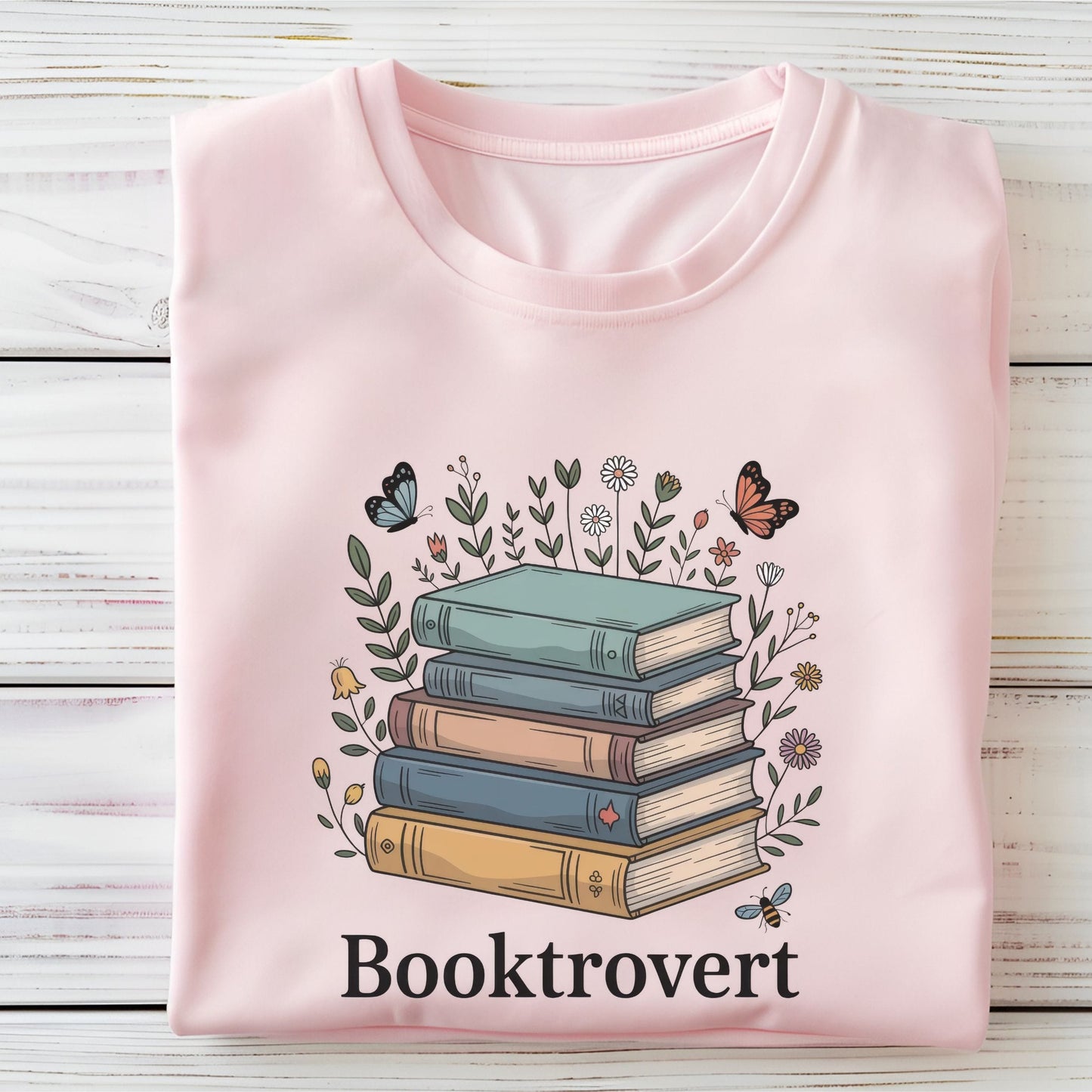 Pink t-shirt with a design of books and butterflies on a wooden surface