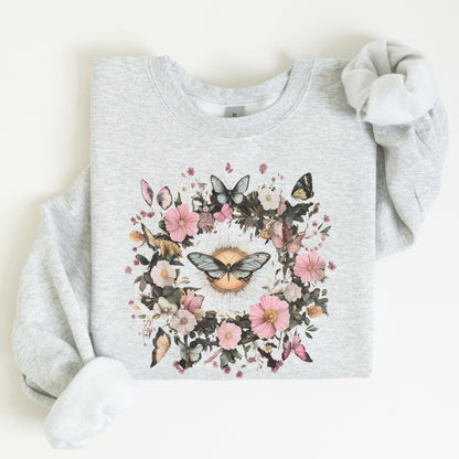 Gray sweatshirt with butterfly and floral design on a white background