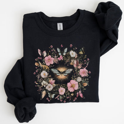 Black sweatshirt with floral and butterfly design on a white background