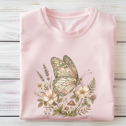 Pink t-shirt with a butterfly and floral design on a wooden surface