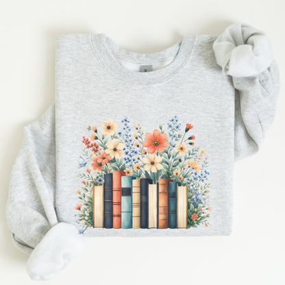 Gray sweatshirt with a design of books and flowers on a white background