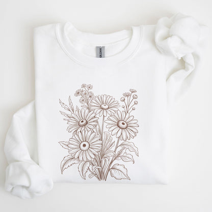 White sweatshirt with a floral design on a white background
