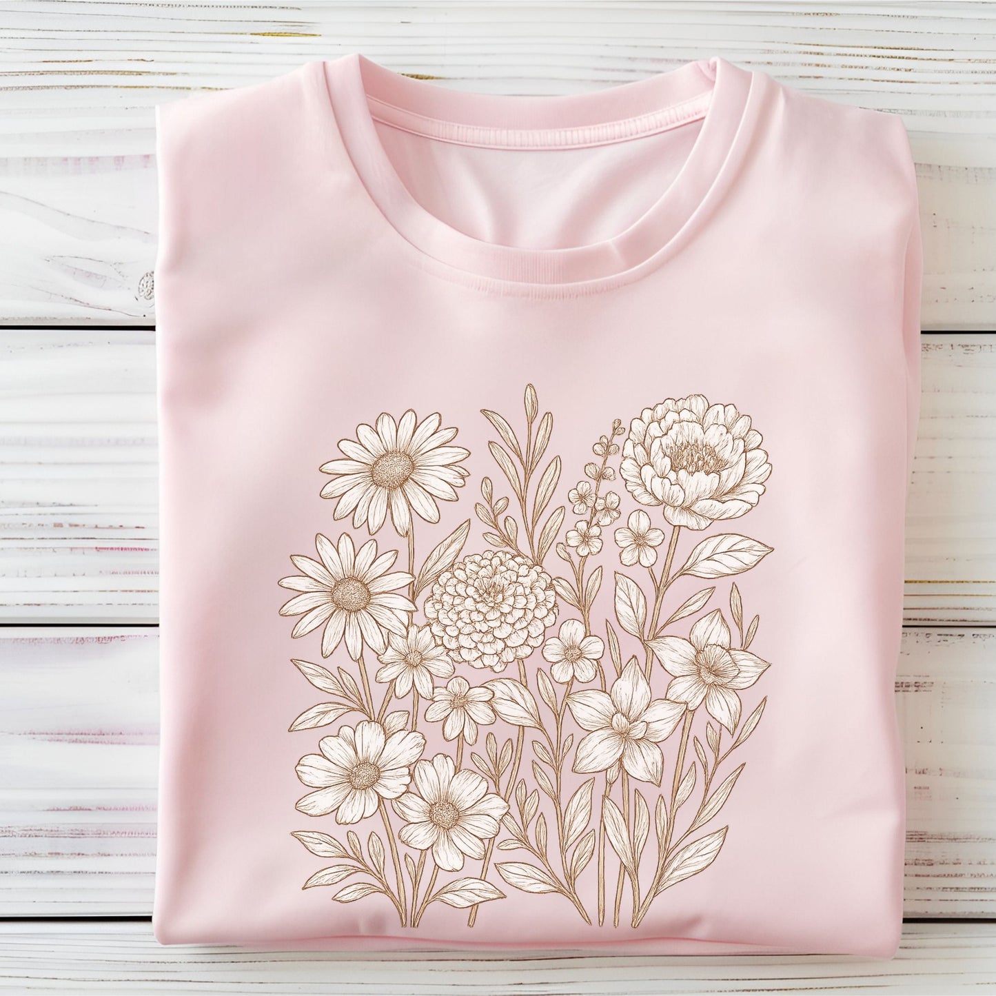 Pink t-shirt with floral design on a wooden surface