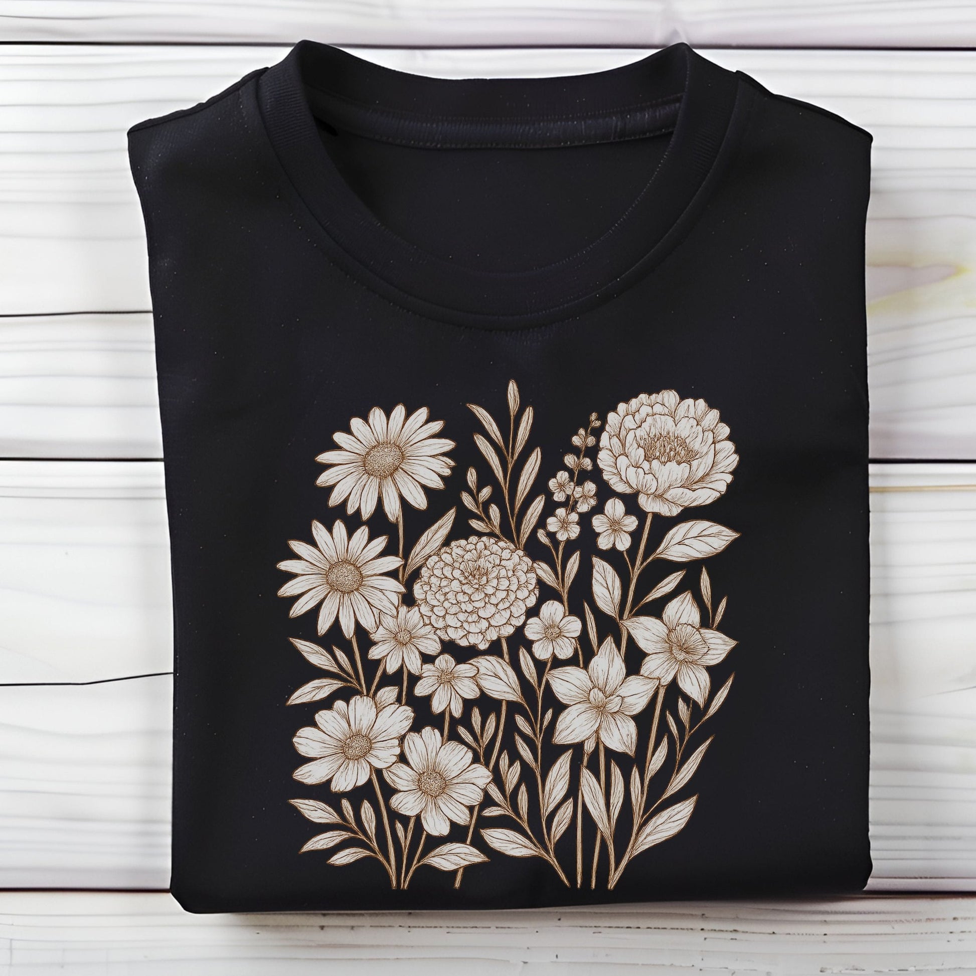 Black shirt with floral embroidery on a wooden surface