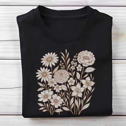 Black shirt with floral embroidery on a wooden surface