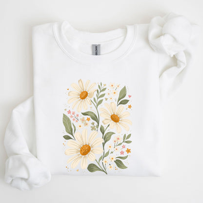 White sweatshirt with a floral design featuring daisies on a white background