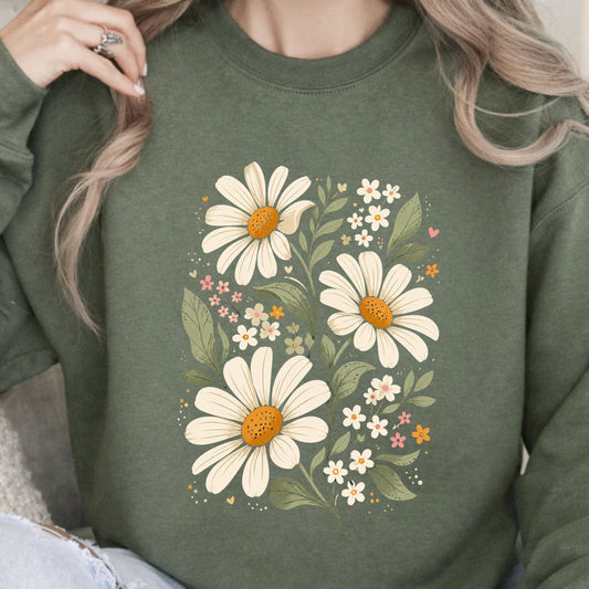 Green sweatshirt with floral design worn by a person