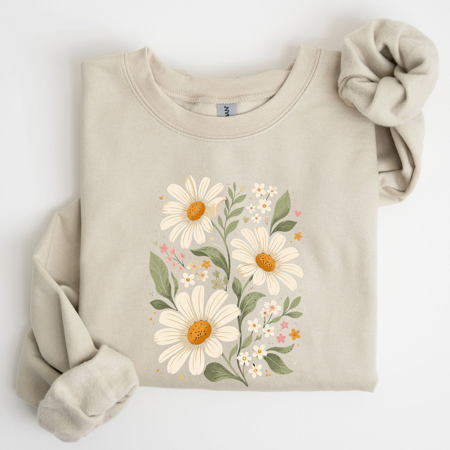 Beige sweatshirt with floral design on a white background