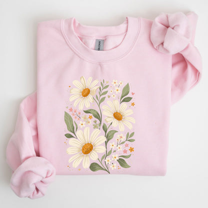 Pink sweatshirt with floral design on a light gray background