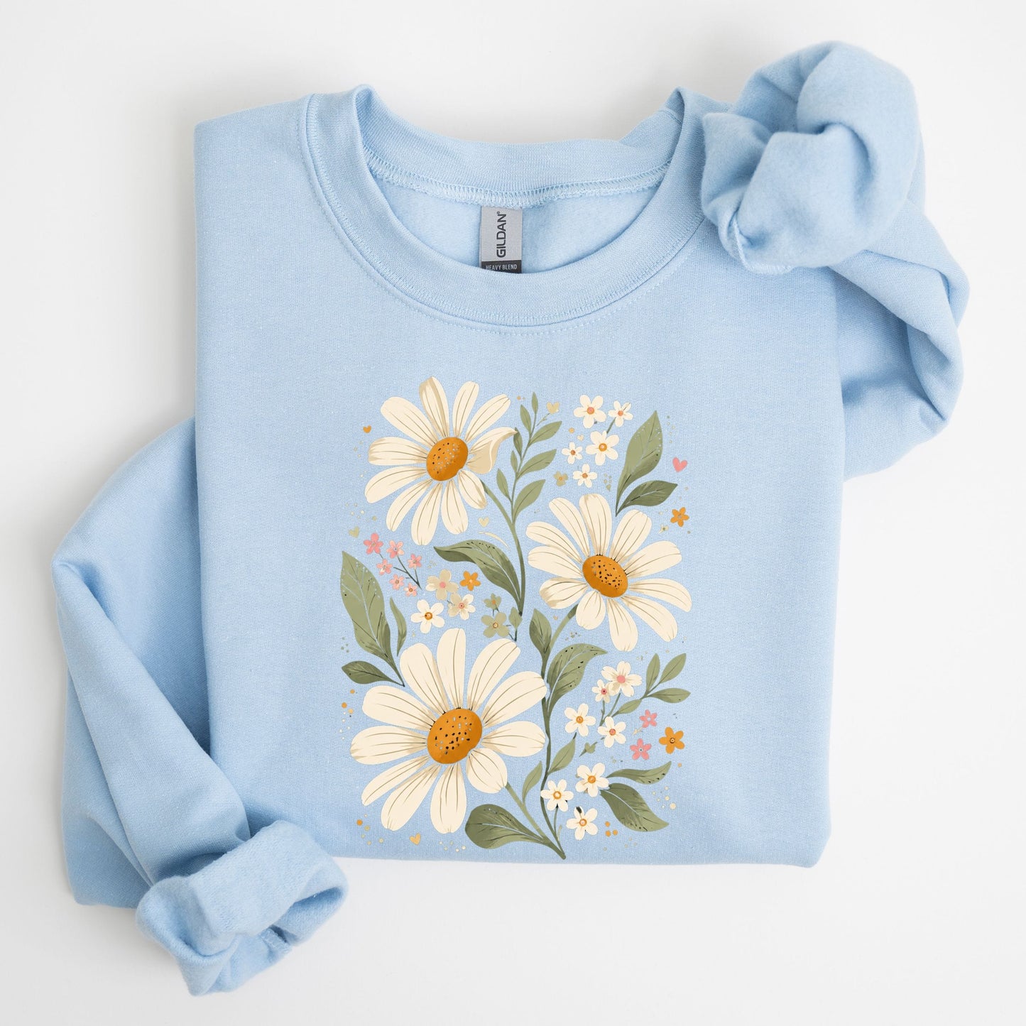 Light blue sweatshirt with floral design on a white background