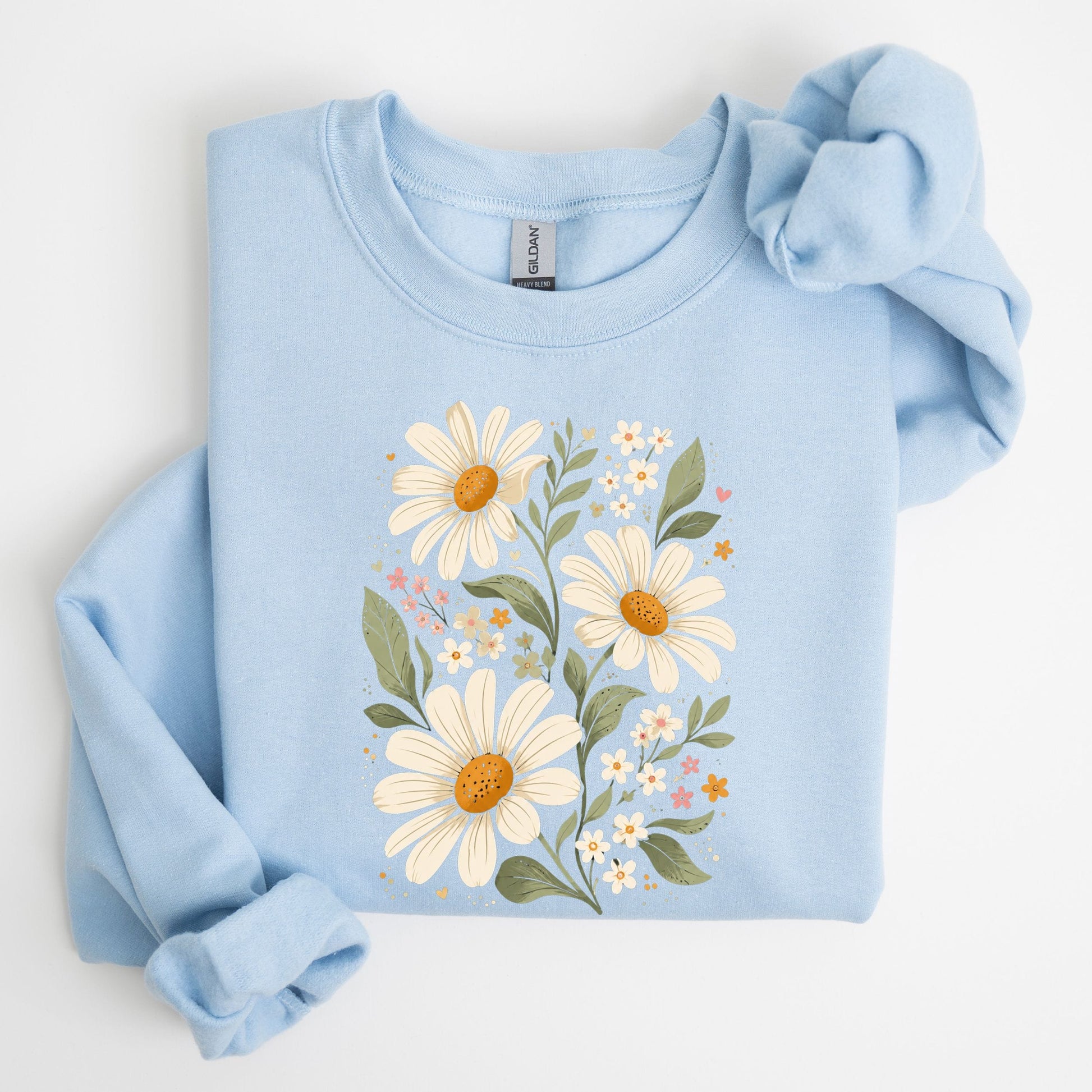 Light blue sweatshirt with floral design on a white background