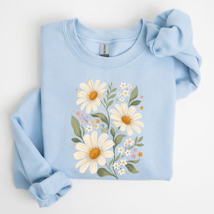 Light blue sweatshirt with floral design on a white background