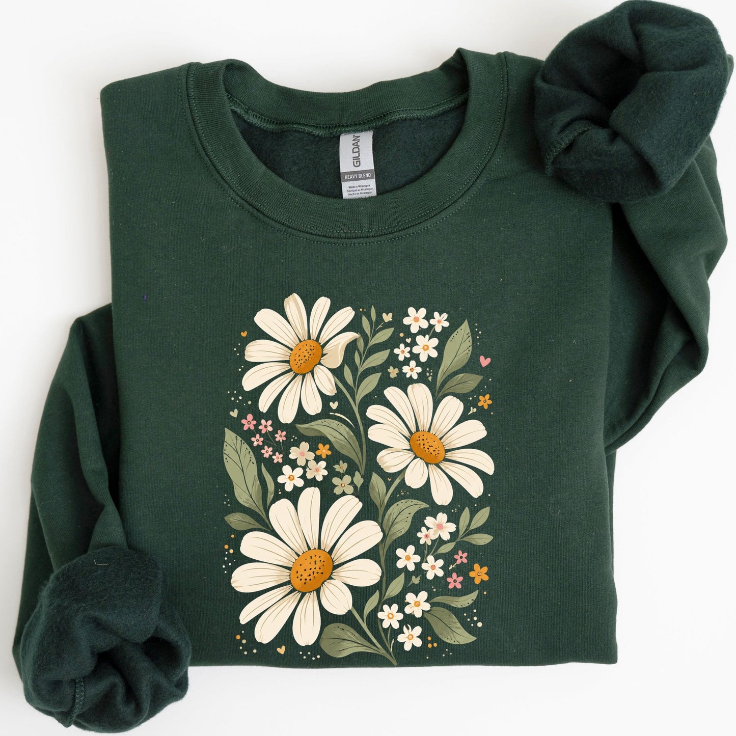 Green sweatshirt with floral design on a white background