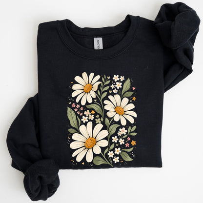 Black sweatshirt with floral design on a white background