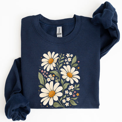 Navy blue sweatshirt with floral design on a white background