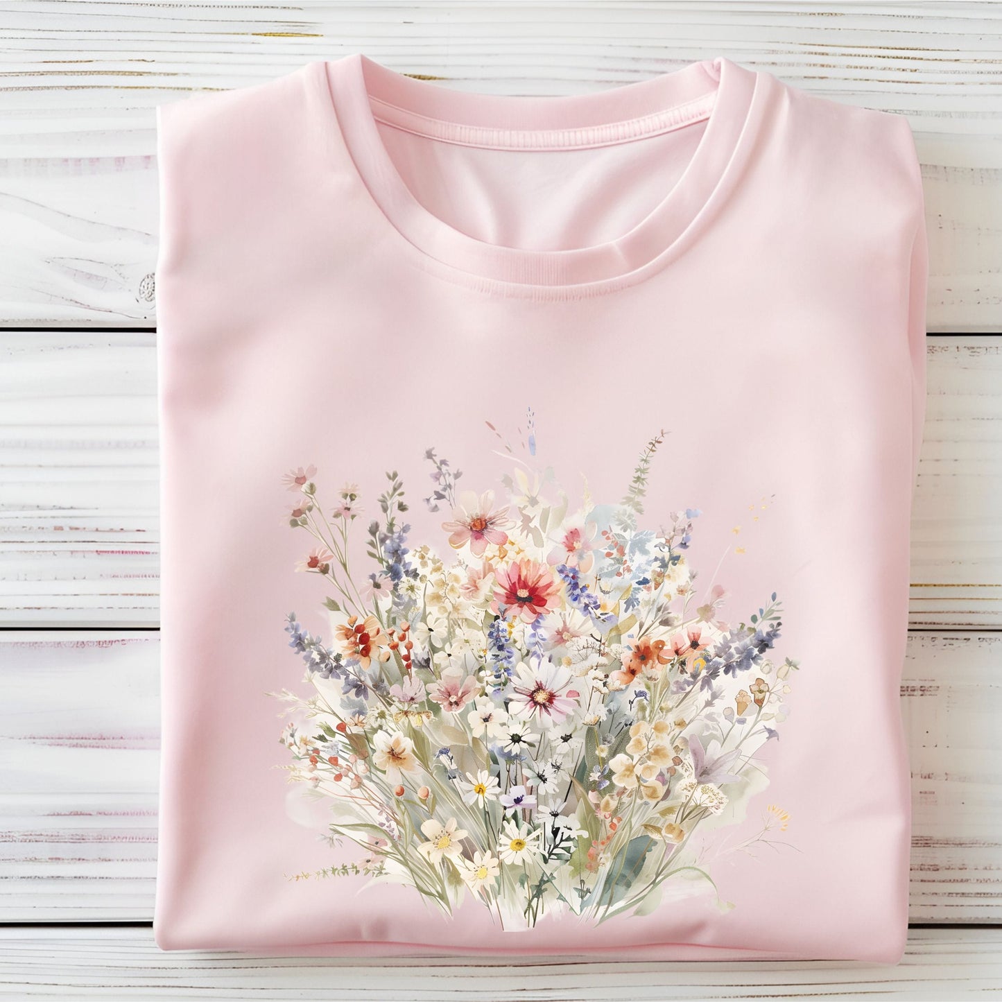Pink t-shirt with a floral design on a wooden surface