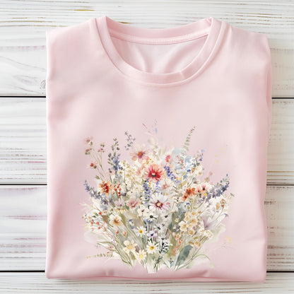Pink t-shirt with a floral design on a wooden surface
