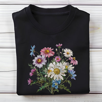 Black long sleeve t-shirt with floral design on a wooden surface