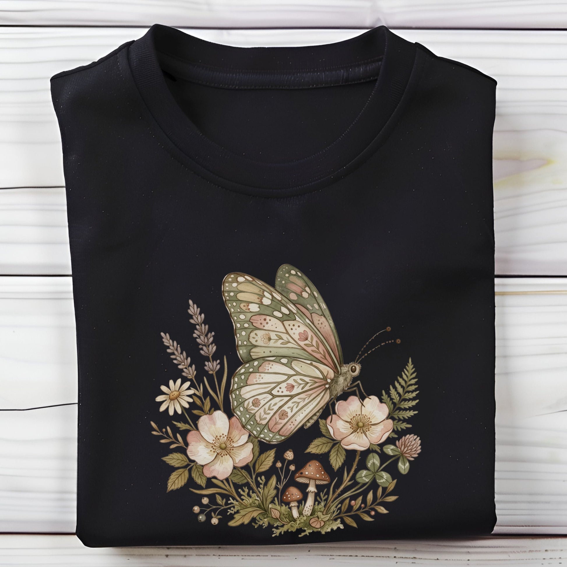 Black t-shirt with a butterfly and floral design on a wooden surface