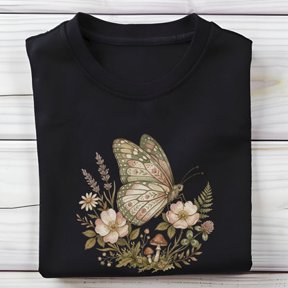 Black t-shirt with a butterfly and floral design on a wooden surface