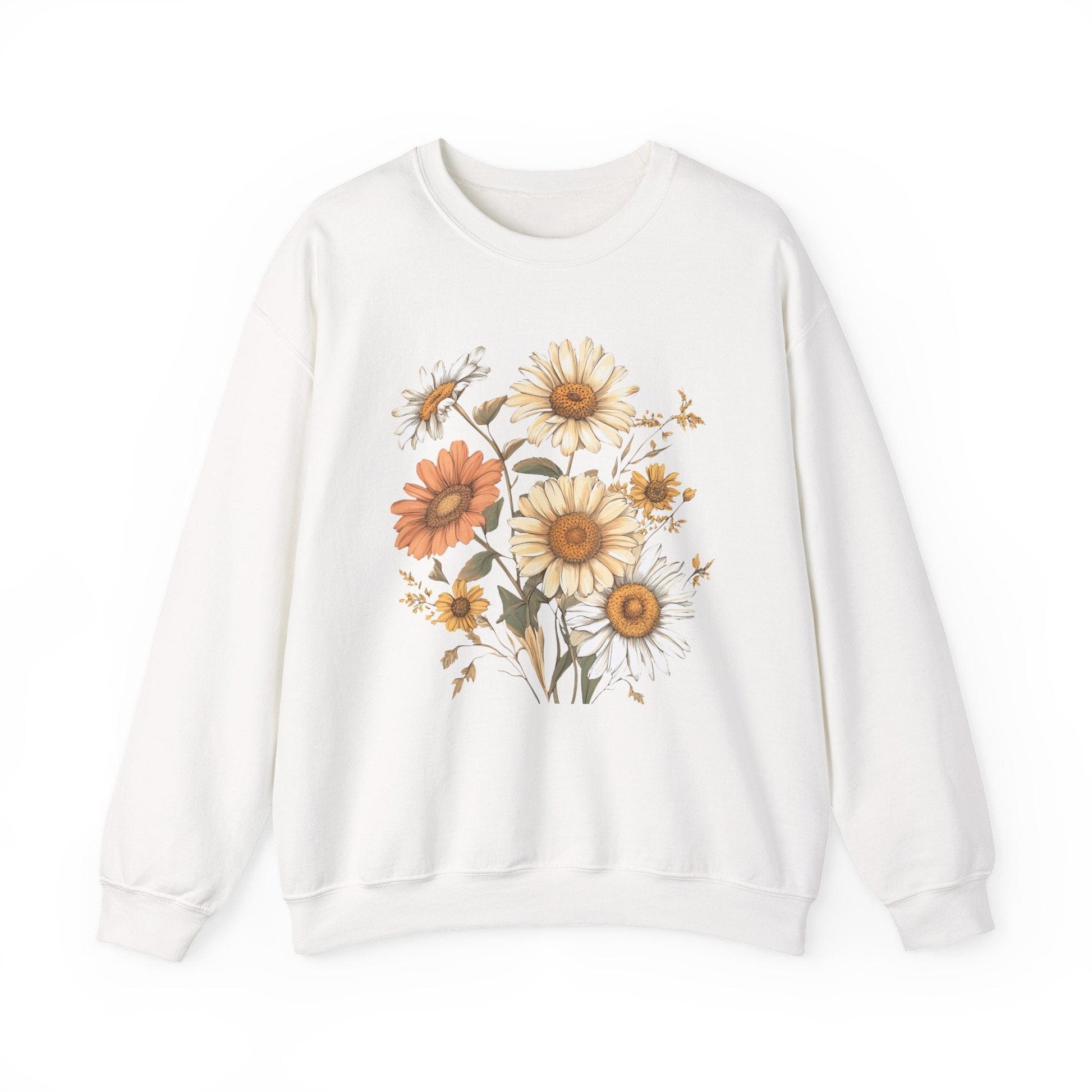 White sweatshirt with floral design on a white background