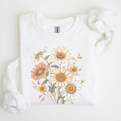 White sweatshirt with floral design on a light background