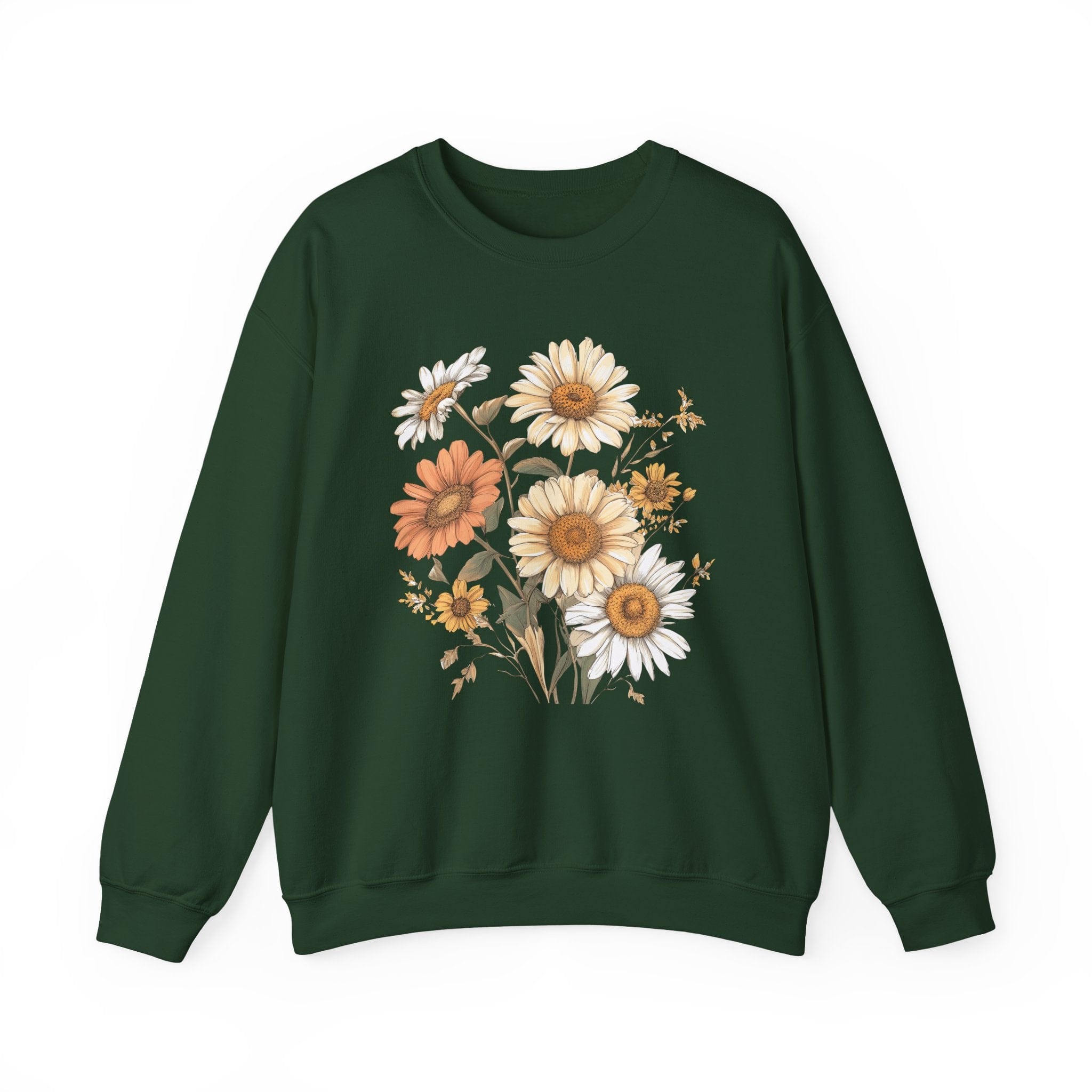 Green sweatshirt with floral design on a white background