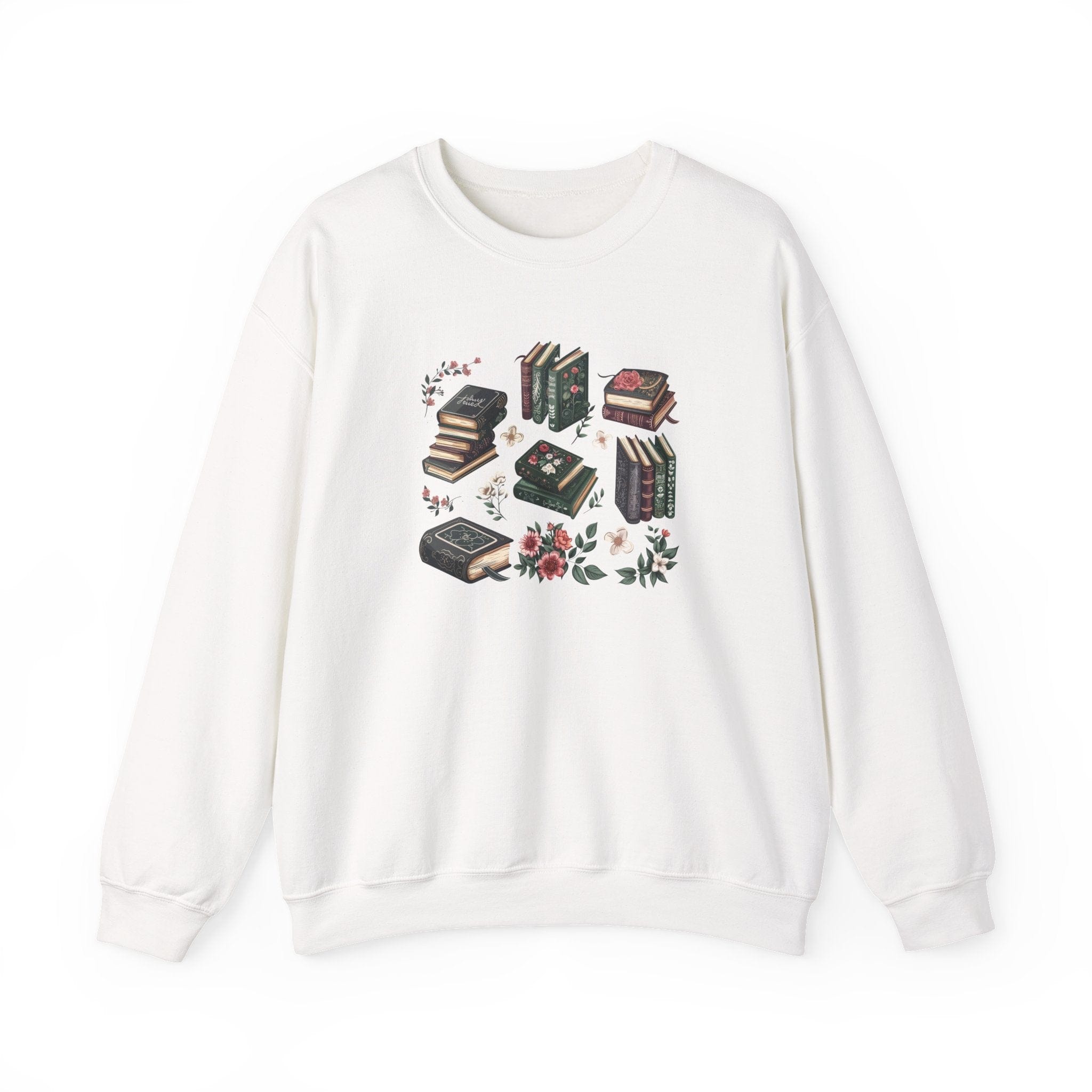 White sweatshirt with book and flower design on a white background