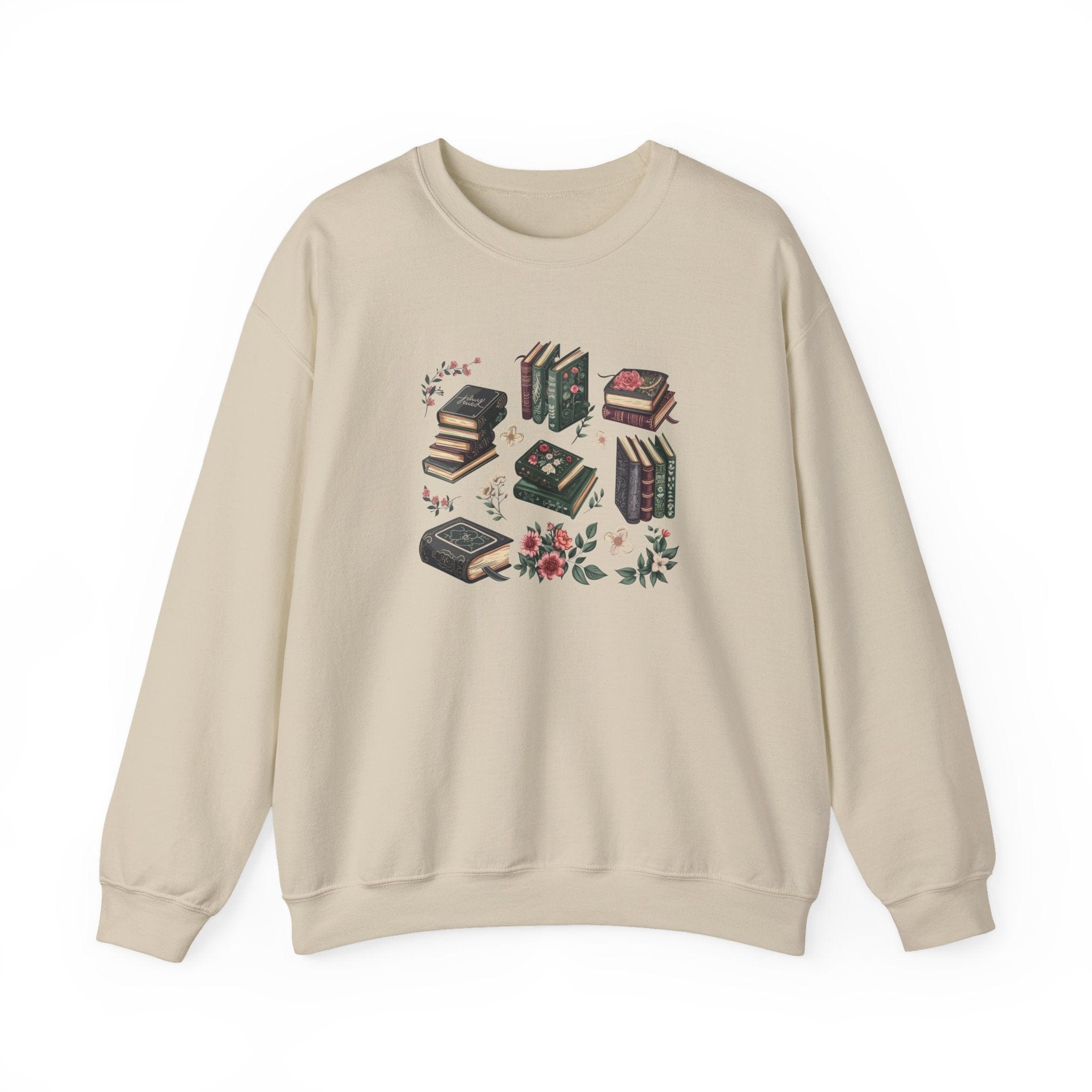 Beige sweatshirt with book and flower design on a white background