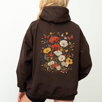 Brown hoodie with floral design on the back against a white background