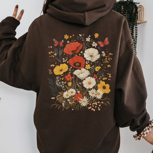 Brown hoodie with floral design on the back against a white background