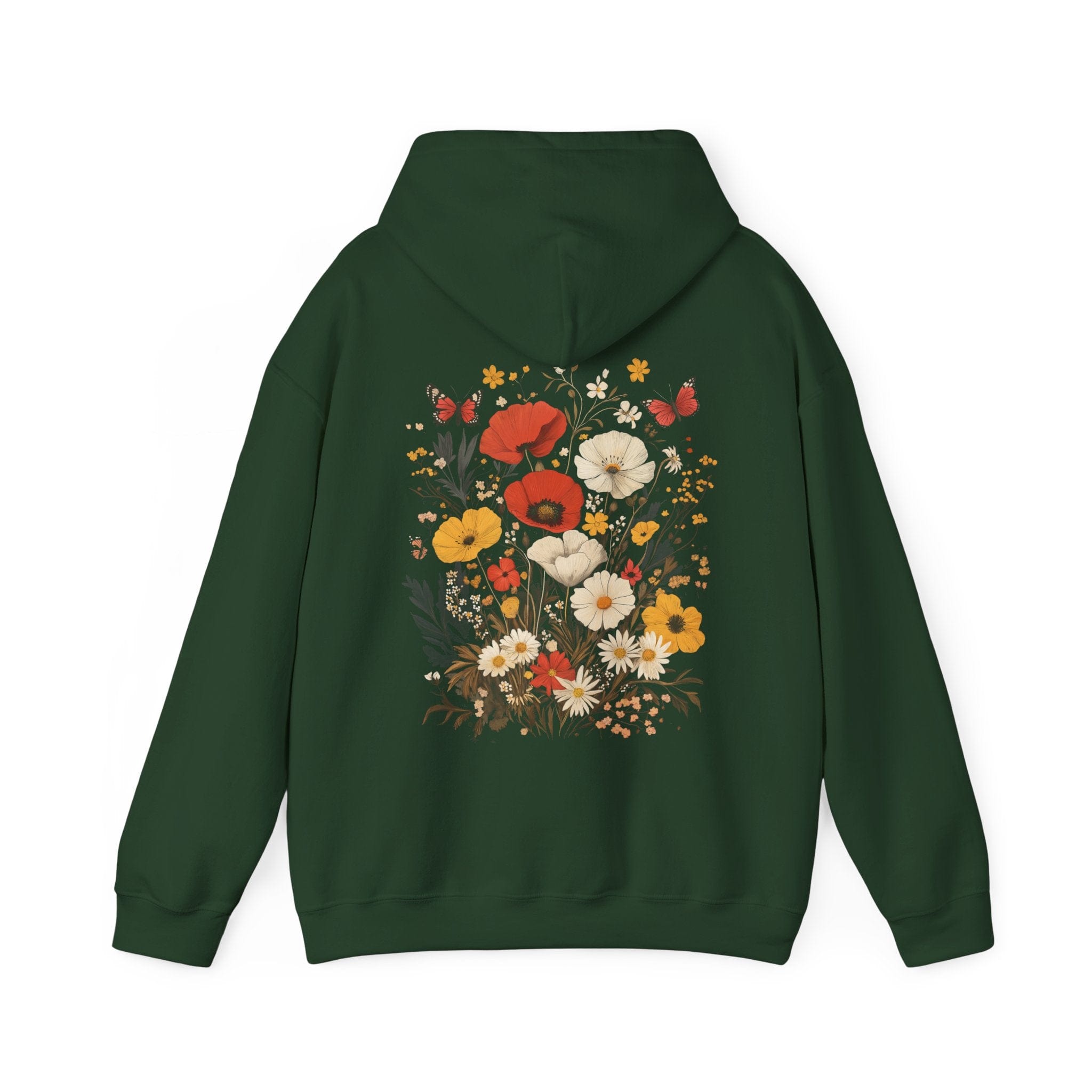 Green hoodie with floral design on the back against a white background