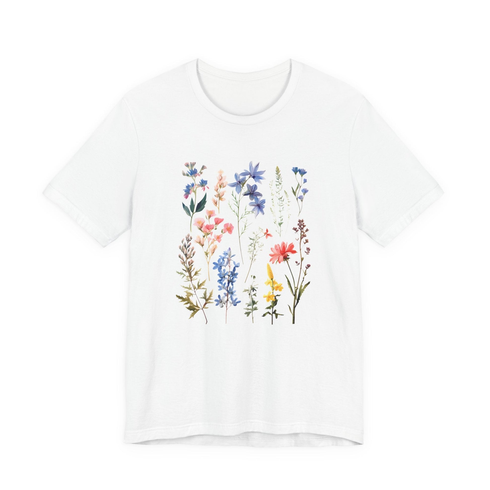 Flat lay of white t-shirt with vintage wildflower print