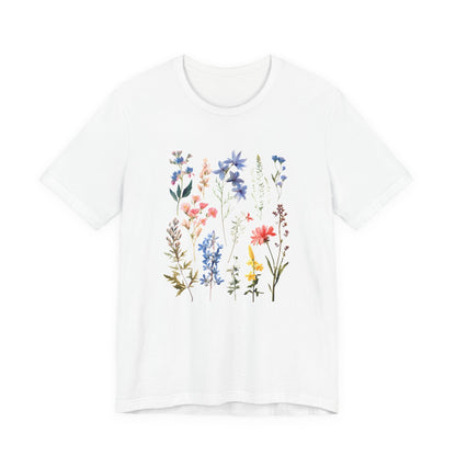 Flat lay of white t-shirt with vintage wildflower print