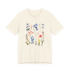 Flat lay of natural t-shirt with vintage wildflower print