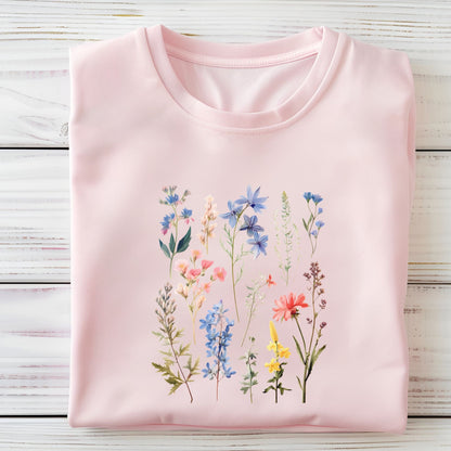 Flat lay of soft pink t-shirt with vintage wildflower print