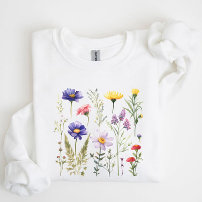White sweatshirt with colorful floral design on a white background