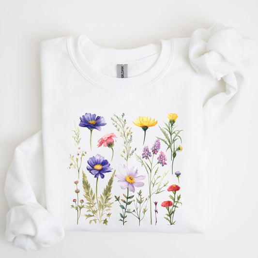 White sweatshirt with colorful floral design on a white background