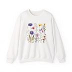 White sweatshirt with colorful floral design on a white background