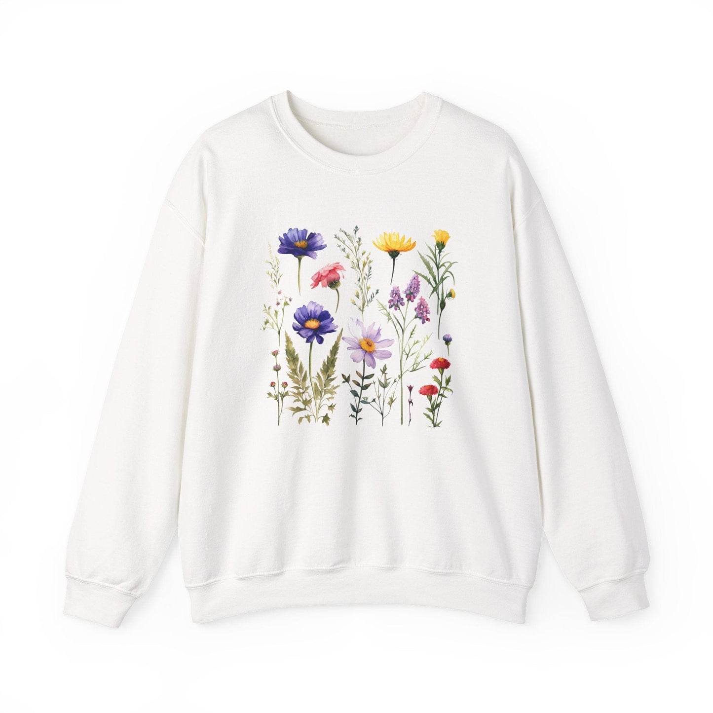 White sweatshirt with colorful floral design on a white background